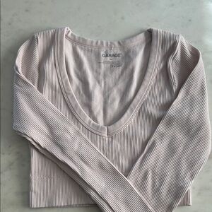 Garage V-Neck Ribbed Long Sleeve Top - Soft Pink